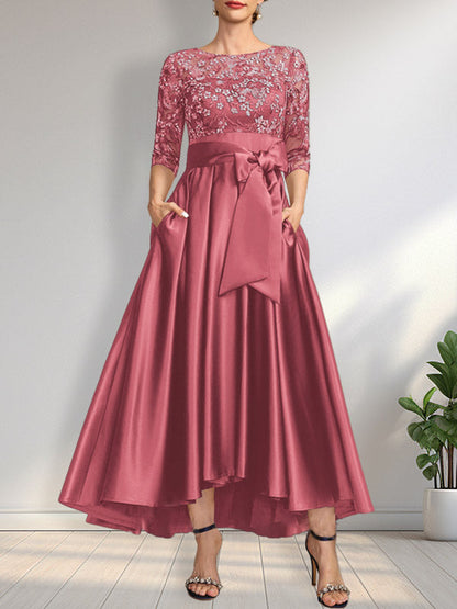 A-Linie U-Ausschnitt Illusion Asymmetrisch Satin Spitze Mutter der Braut Kleid mit Schleife