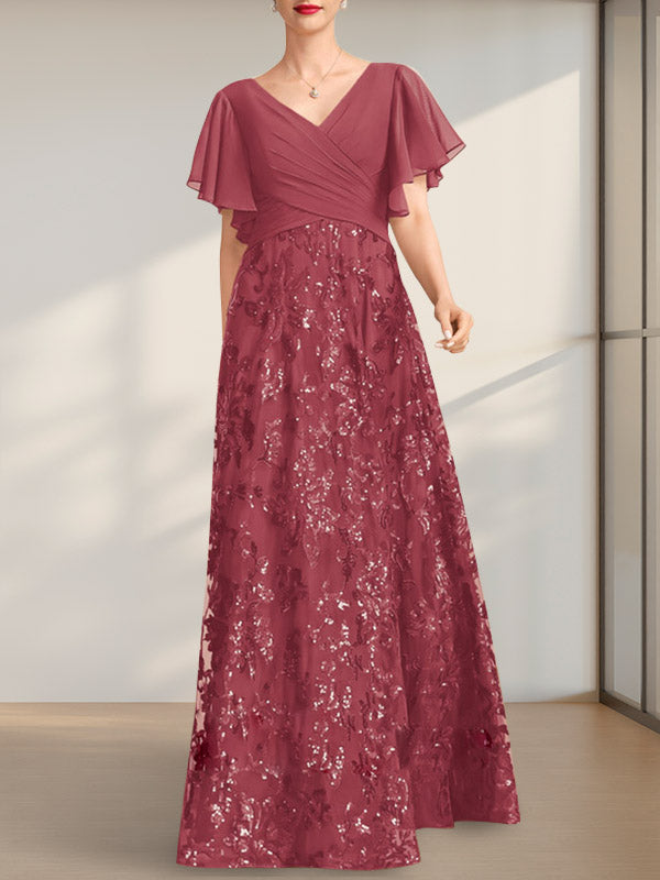 A-Linie V-Ausschnitt Bodenlang Spitze Pailletten Chiffon Mutter der Braut Kleid Mit Plissee