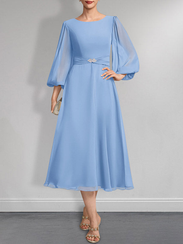 A-Linie U-Ausschnitt Wadenlang Chiffon Mutter der Braut Kleid Mit Kristall Brosche Plissee