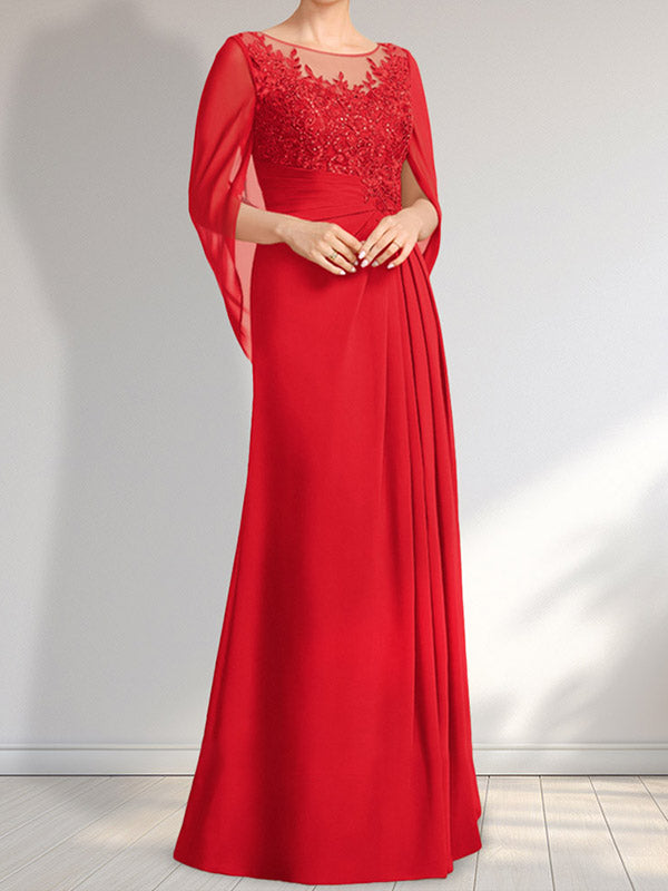 A-Linie, U-Ausschnitt, Illusion, bodenlanges Chiffon-Kleid für die Brautmutter mit plissierten Pailletten