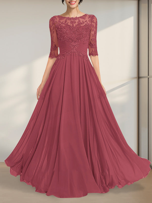 A-Linie, U-Ausschnitt, Illusion, bodenlanges Chiffon-Spitzenkleid für die Brautmutter mit plissierten Pailletten