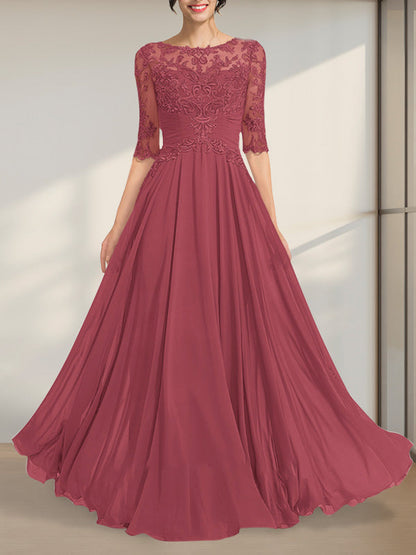 A-Linie, U-Ausschnitt, Illusion, bodenlanges Chiffon-Spitzenkleid für die Brautmutter mit plissierten Pailletten