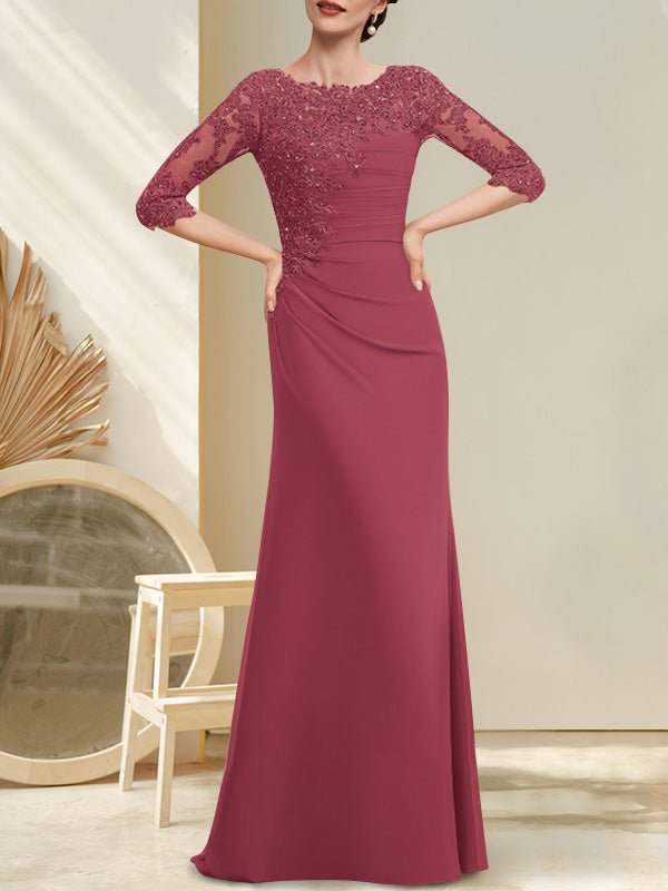 Robe de mère de la mariée en mousseline et dentelle, longueur au sol, en ligne A, décolleté en U, ornée de perles et de paillettes plissées