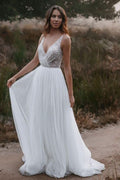 Stunning V-Neck Boho Chiffon Tulle Open Back A-Line Glitter Wedding Dress