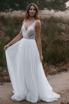 Stunning V-Neck Boho Chiffon Tulle Open Back A-Line Glitter Wedding Dress