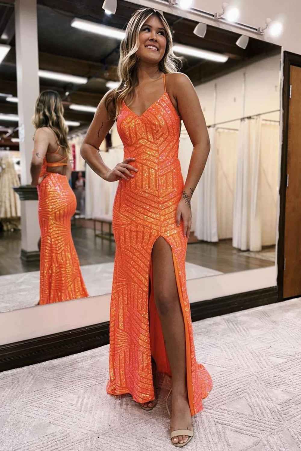 Orange Sequins Sheath Prom Dress With Spaghetti Straps And Criss Cross Back