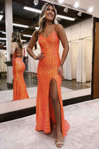 Orange Sequins Sheath Prom Dress With Spaghetti Straps And Criss Cross Back