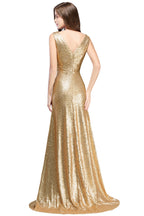BMbridal Elegant A Line Open Back Sequined Sleeveless V Neck Evening Dress