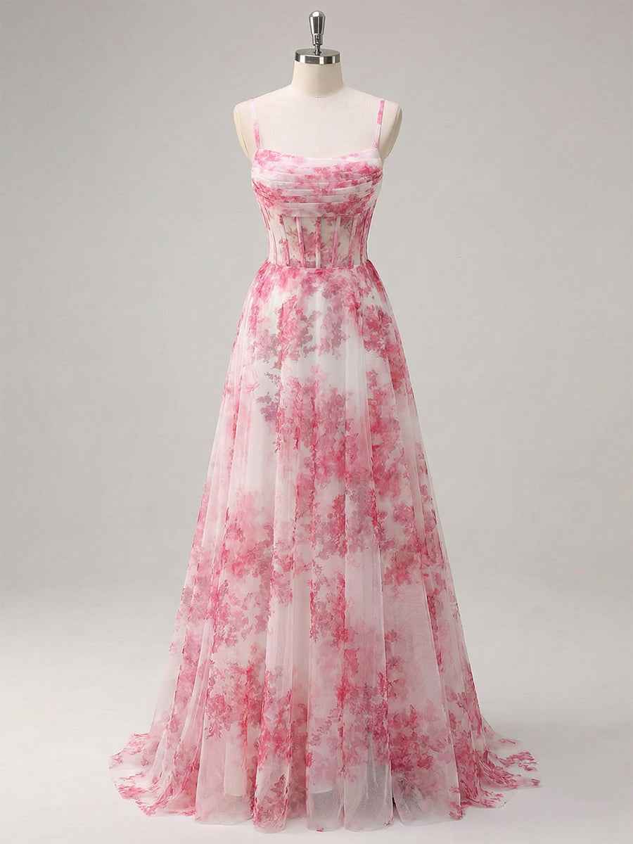 Pink Floral Corset Prom Dress With Tulle Long Gown