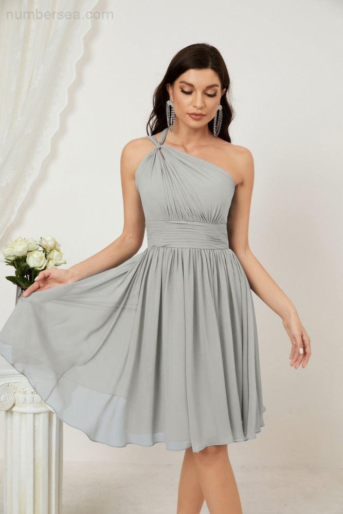 Numbersea Damen Chiffon Kurzes Ein-Schulter Brautjungfernkleid Festliche Kleider für Feier Heimkehr 2804