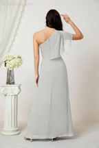 Abito da Sera Formale A-line con Spalla Singola e Balze in Chiffon, Spacco Laterale, per Damigelle, Modello 2809