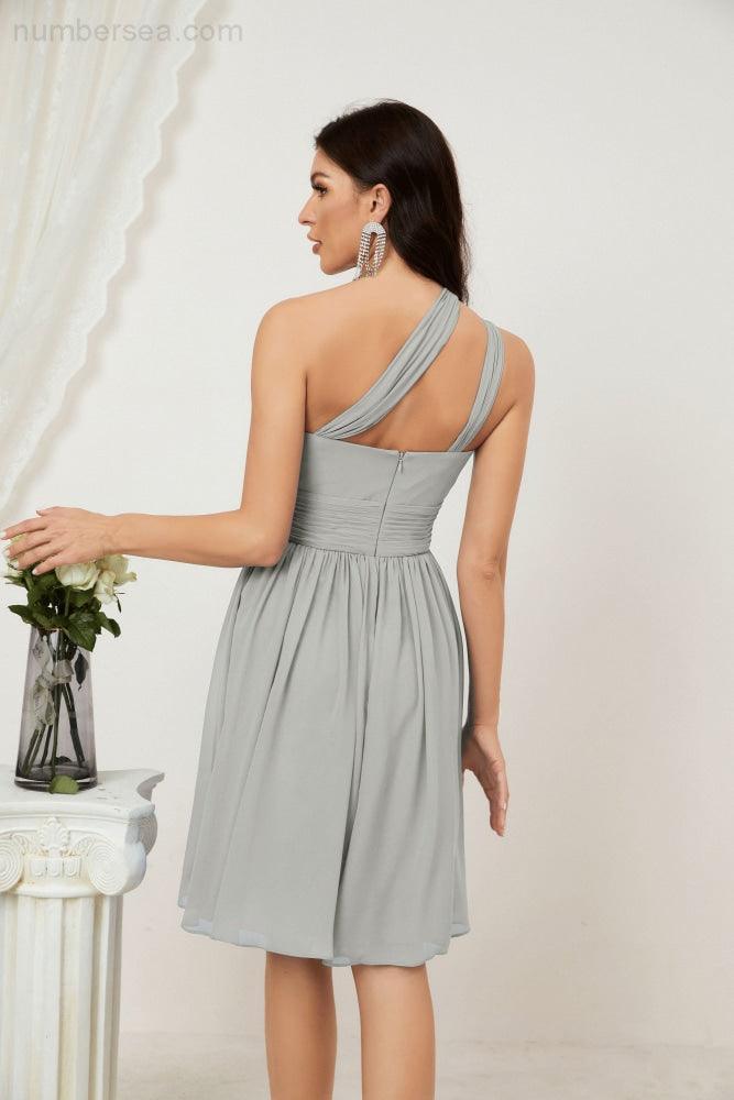 Numbersea Damen Chiffon Kurzes Ein-Schulter Brautjungfernkleid Festliche Kleider für Feier Heimkehr 2804