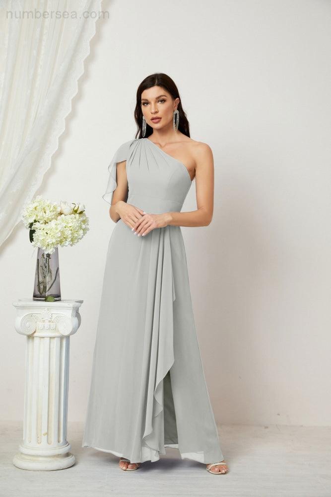 Abito da Sera Formale A-line con Spalla Singola e Balze in Chiffon, Spacco Laterale, per Damigelle, Modello 2809