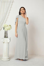 Abito da Sera Formale A-line con Spalla Singola e Balze in Chiffon, Spacco Laterale, per Damigelle, Modello 2809