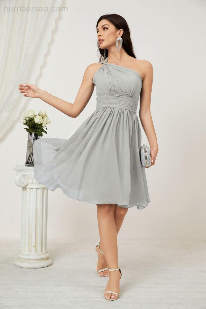 Numbersea Damen Chiffon Kurzes Ein-Schulter Brautjungfernkleid Festliche Kleider für Feier Heimkehr 2804