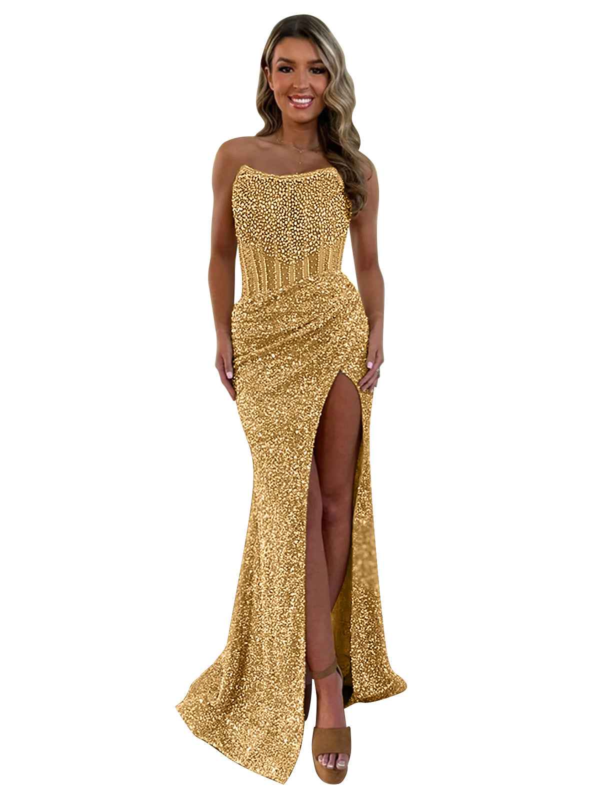 Champagne Strapless Mermaid Prom Dress With Slit And Sparkling Embellishments