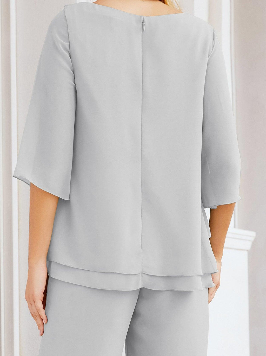 Robe de mariée élégante pour la mère de la mariée en deux pièces, tailleur pantalon grande taille à volants superposés, peignoir argenté 28064