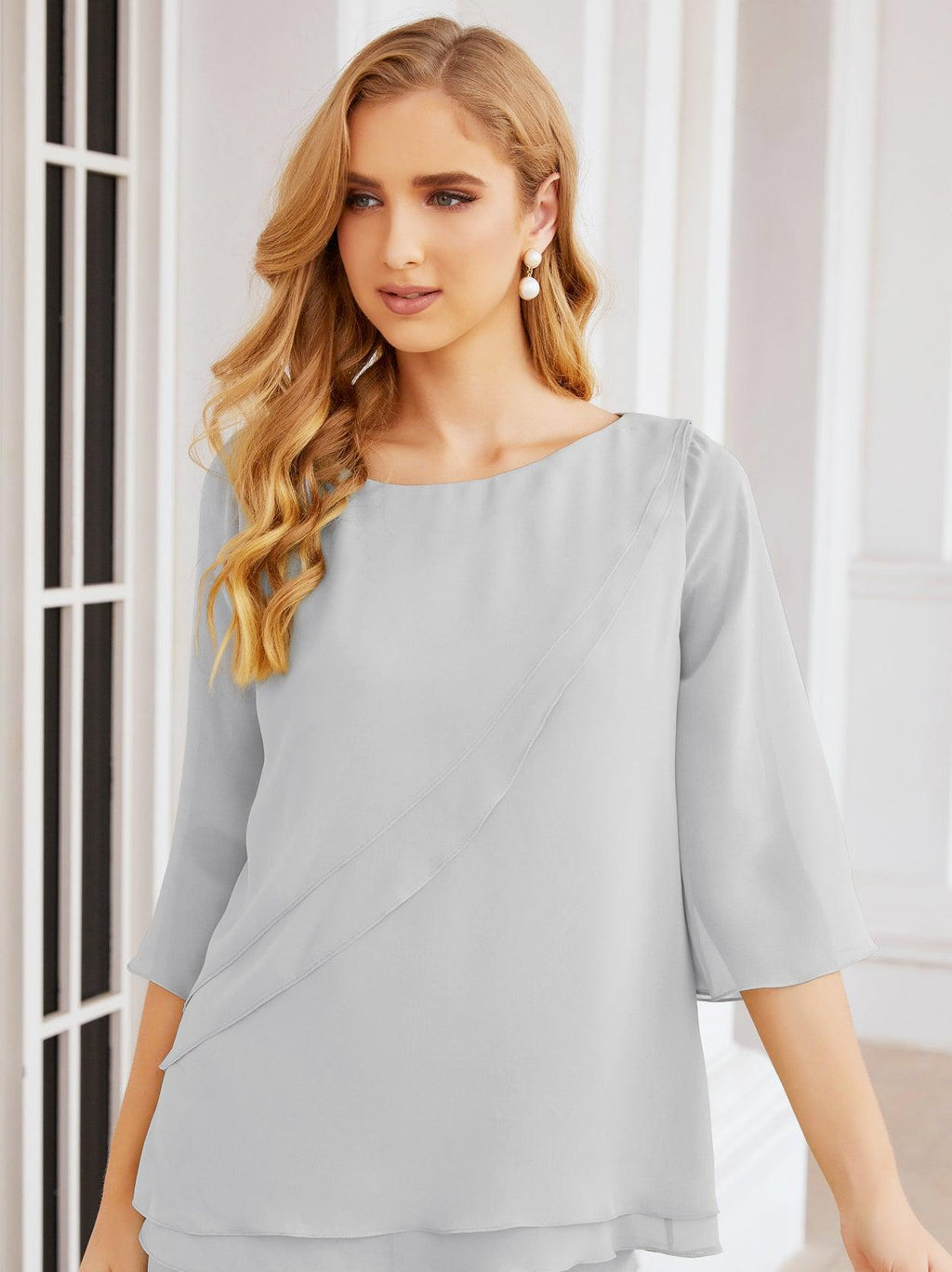 Robe de mariée élégante pour la mère de la mariée en deux pièces, tailleur pantalon grande taille à volants superposés, peignoir argenté 28064