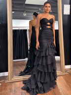 Black Tiered Hollow Out Mermaid Strapless Prom Dress 2026