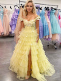 Pink 3D Floral Lace Off The Shoulder Prom Dress With Tiered Ruffle Skirt