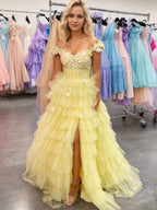 Pink 3D Floral Lace Off The Shoulder Prom Dress With Tiered Ruffle Skirt