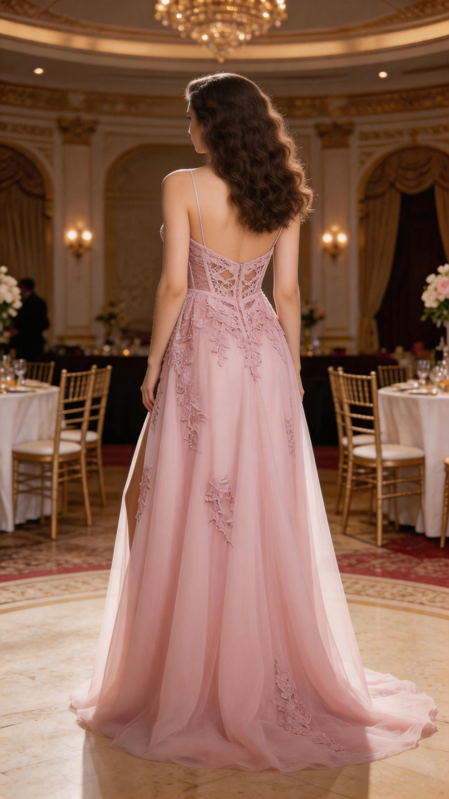 Robe de soirée corset en dentelle rose blush, décolleté hors-épaule en tulle avec fente et traîne