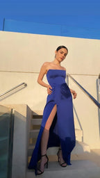 Vestido de Baile Longo Azul Real Sexy Sem Alças com Fenda Y7642