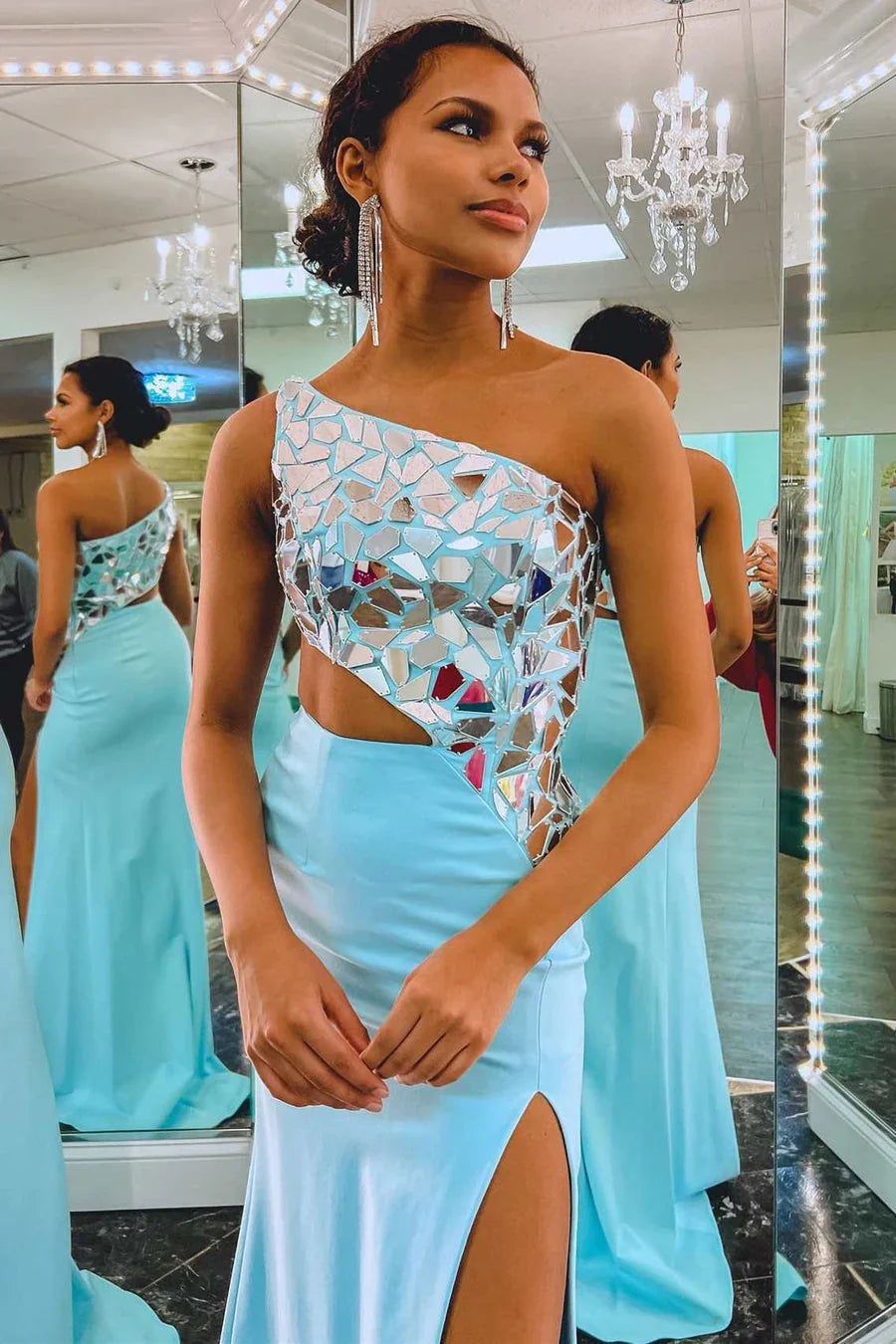 Ashley | Robe fourreau à une épaule avec miroir et paillettes pour soirée