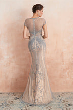 Elegant Short Sleeve Jewel Neck Beaded Mermaid Prom Dress