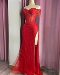 Off The Shoulder Sleeveless Long Split Prom Dress With Beading