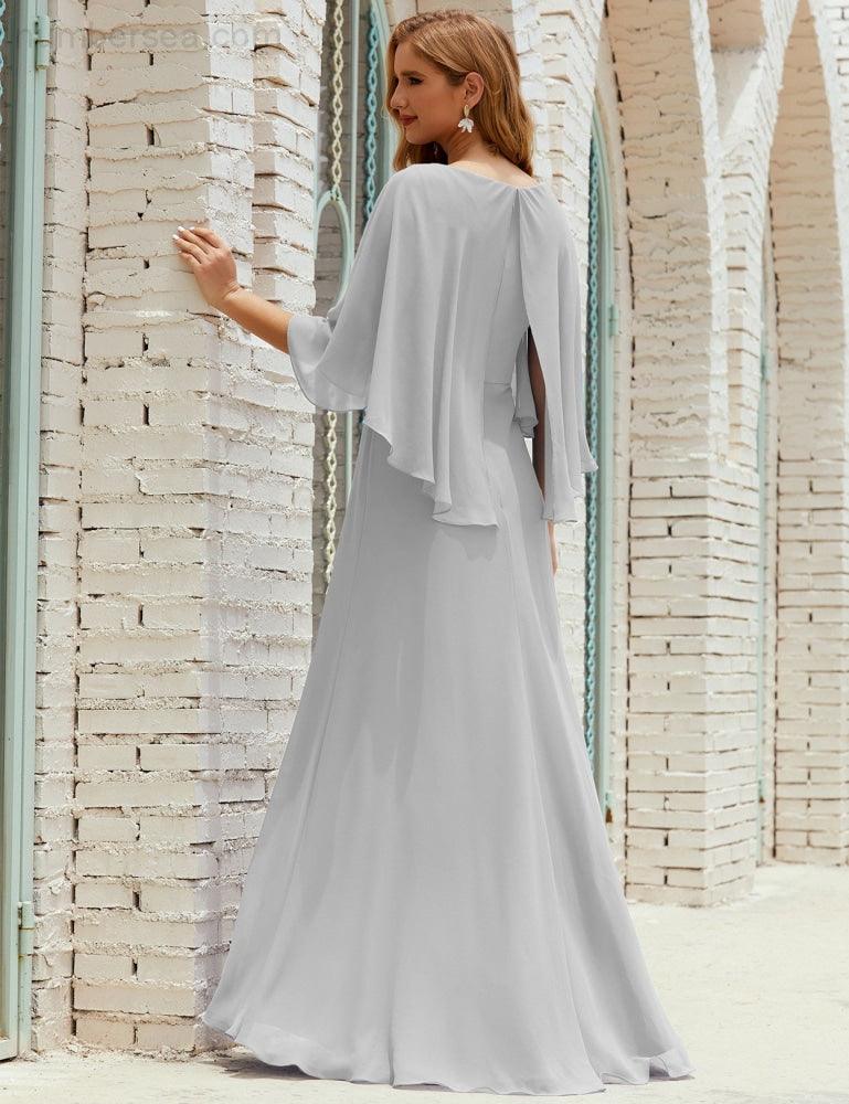 Abito da Damigella Donna Manica Lunga Scollatura a V Chiffon Abito da Cerimonia Matrimonio Festa 28018