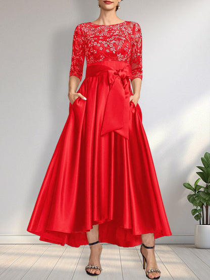 A-Linie U-Ausschnitt Illusion Asymmetrisch Satin Spitze Mutter der Braut Kleid mit Schleife