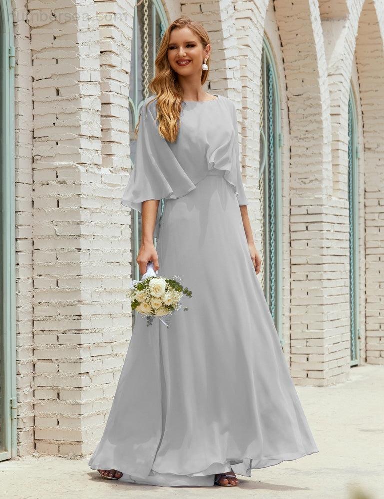 Abito da Damigella Donna Manica Lunga Scollatura a V Chiffon Abito da Cerimonia Matrimonio Festa 28018