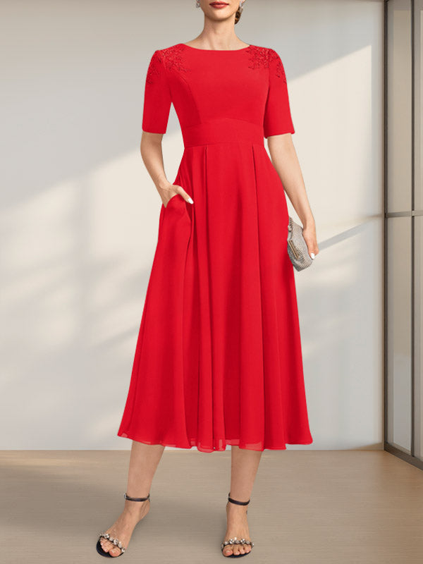 A-Linie U-Ausschnitt Wadenlang Chiffon Kleid für die Brautmutter mit Applikationen Spitze Pailletten