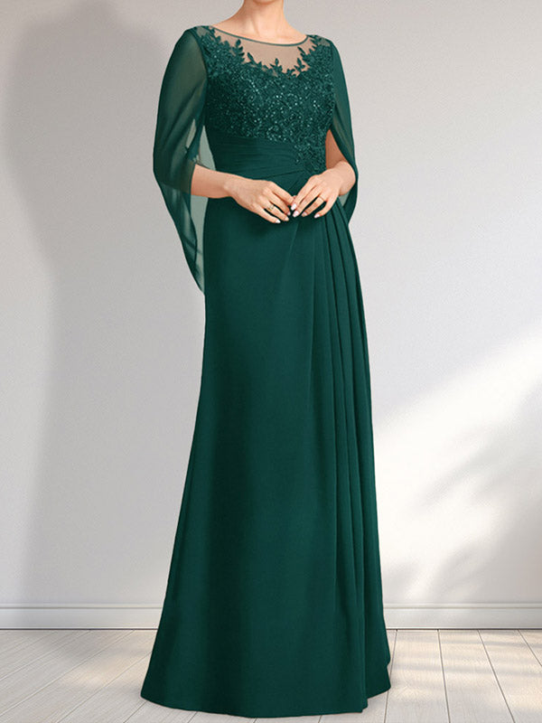 A-Linie, U-Ausschnitt, Illusion, bodenlanges Chiffon-Kleid für die Brautmutter mit plissierten Pailletten