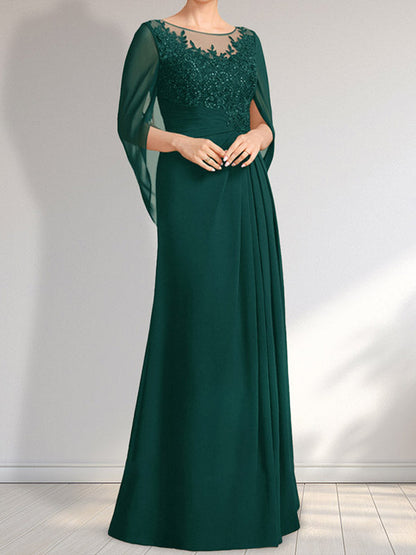 A-Linie, U-Ausschnitt, Illusion, bodenlanges Chiffon-Kleid für die Brautmutter mit plissierten Pailletten