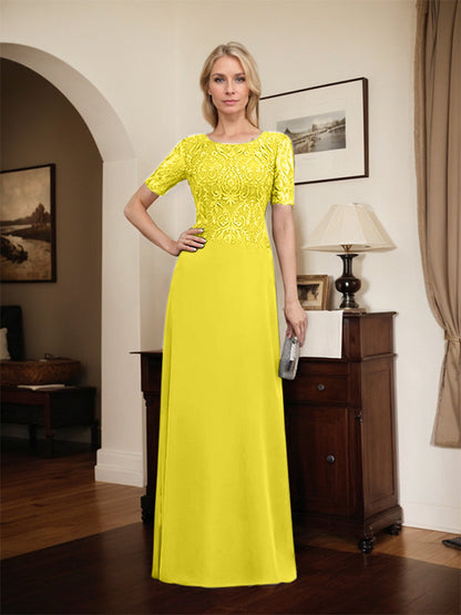 A-Linie U-Ausschnitt Bodenlang Spitzen-Chiffon-Kleid für die Brautmutter mit Pailletten