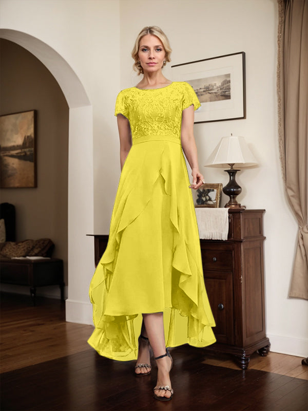 Robe de mère de la mariée en mousseline et dentelle asymétrique illusion à encolure dégagée, coupe en A, avec nœud, volants et paillettes