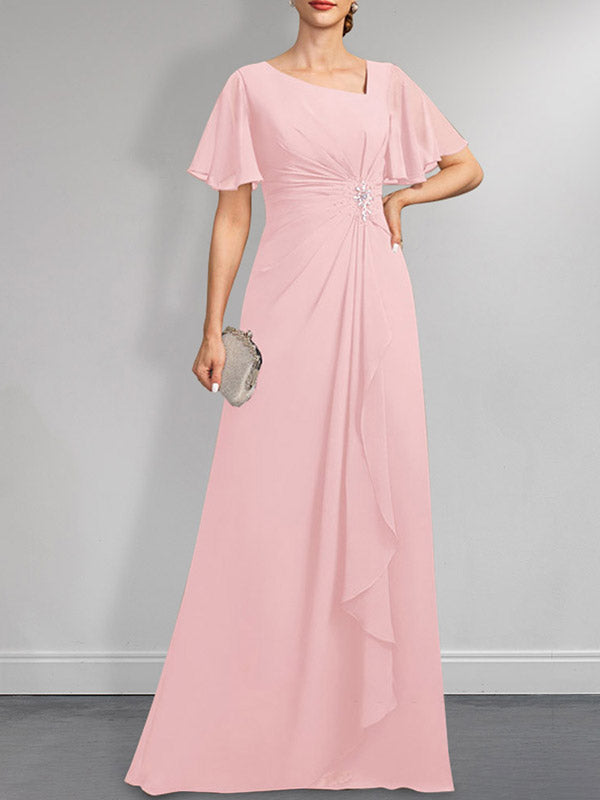 Robe de mère de la mariée en mousseline asymétrique longue jusqu'au sol, coupe en A, ornée de perles plissées et de paillettes