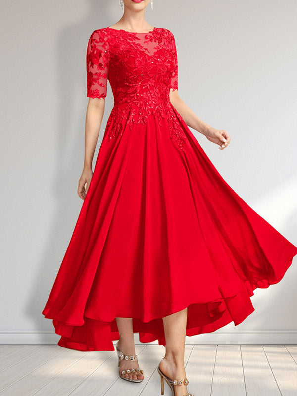Robe de mère de la mariée en mousseline et dentelle asymétrique illusion à encolure dégagée, coupe en A, ornée de paillettes