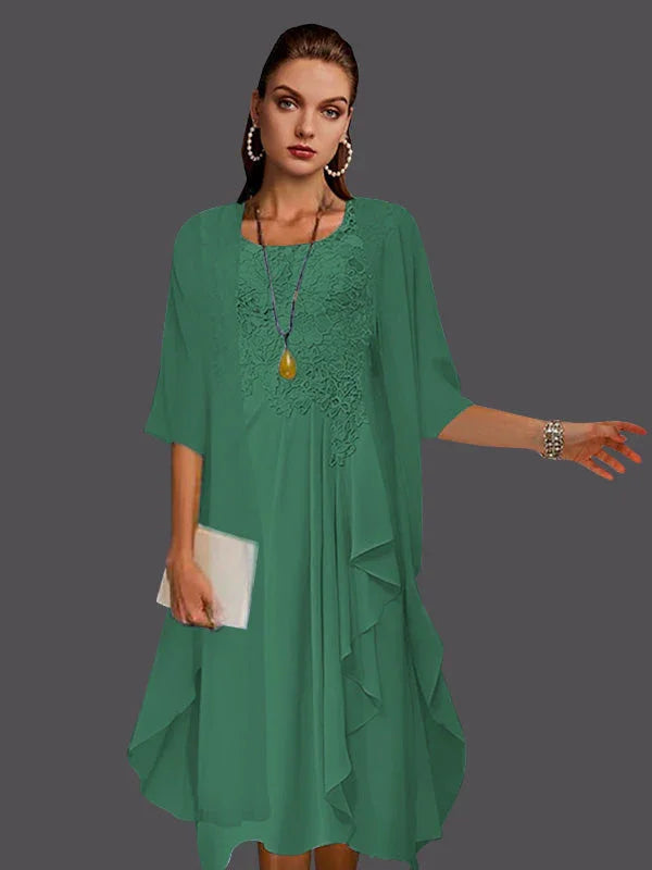 Vestidos de dos piezas con chaqueta sin mangas de encaje de gasa en línea A con pliegues y apliques