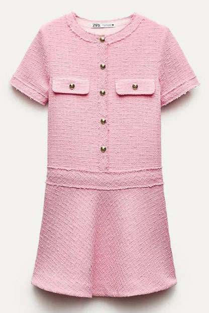 1960er London Girl Tweed Strukturiertes Minikleid mit goldenen Knöpfen und kurzen Ärmeln und Taschen