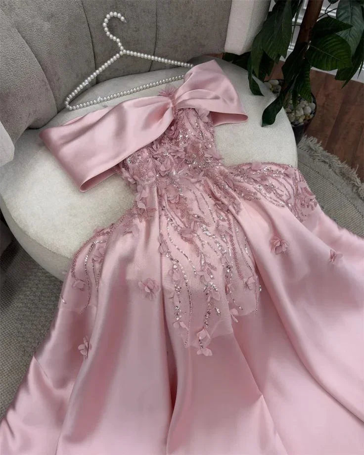 Elegante abito da sera rosa con spalle scoperte, applicazioni e paillettes, lungo a linea ad A, abito da ballo Y7638