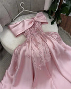Elegante abito da sera rosa con spalle scoperte, applicazioni e paillettes, lungo a linea ad A, abito da ballo Y7638