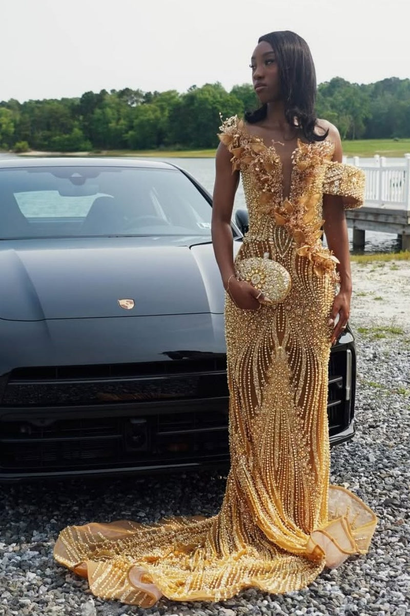 Sparkling Gold V-Neck Off-The-Shoulder Mermaid Prom Dress With Pearl Beading