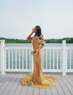 Sparkling Gold V-Neck Off-The-Shoulder Mermaid Prom Dress With Pearl Beading