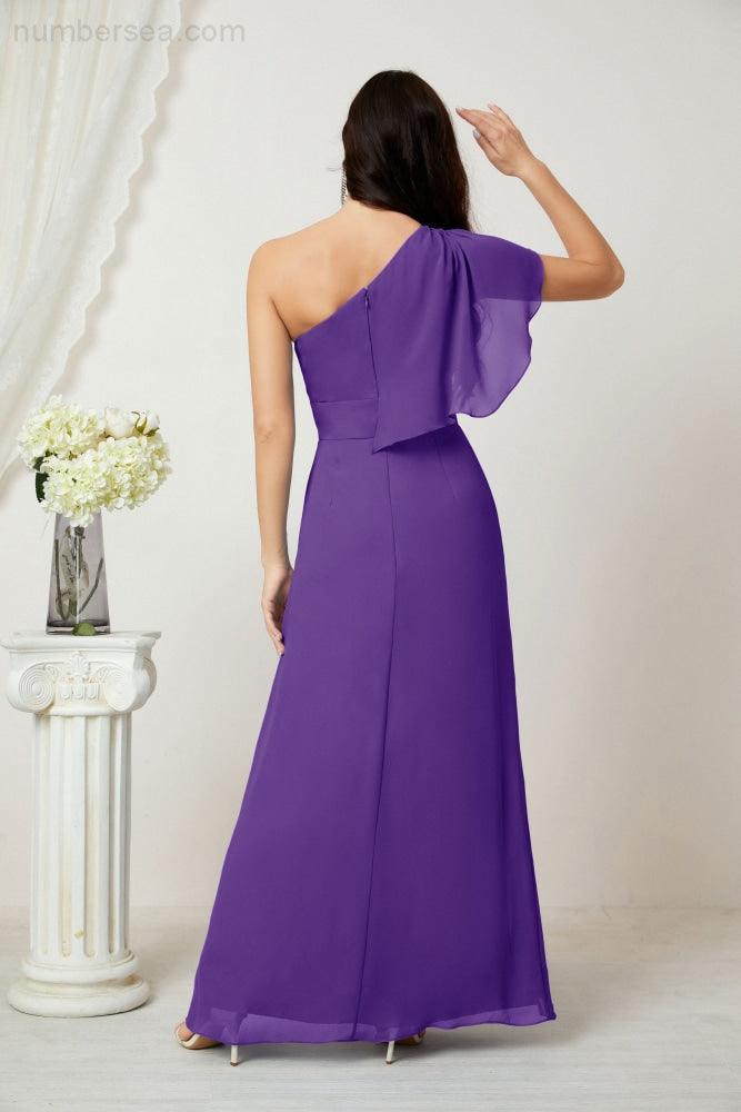 Abito da Sera Formale A-line con Spalla Singola e Balze in Chiffon, Spacco Laterale, per Damigelle, Modello 2809