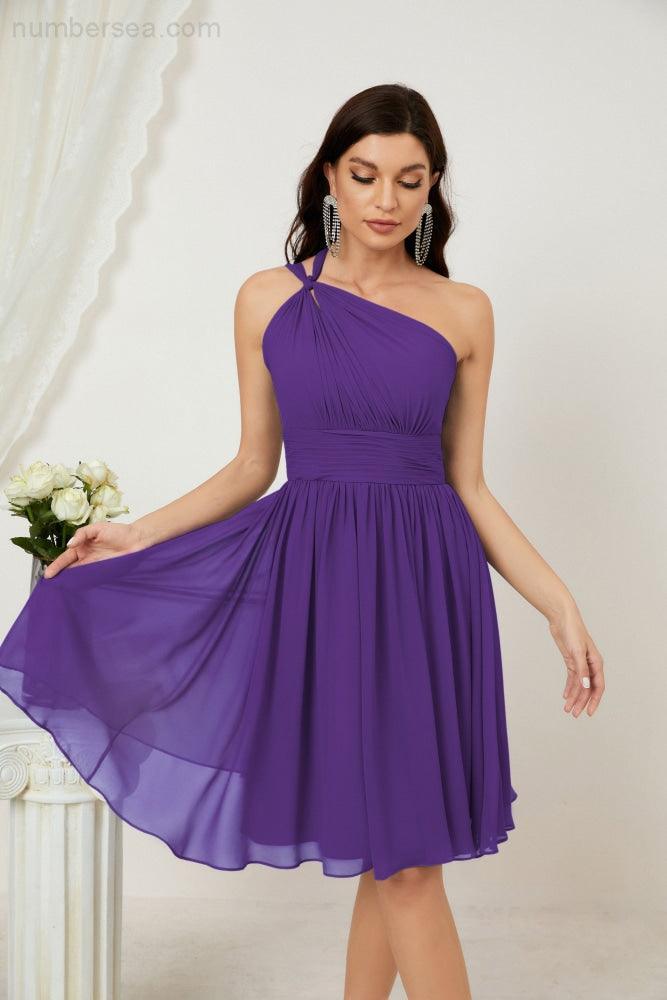 Numbersea Damen Chiffon Kurzes Ein-Schulter Brautjungfernkleid Festliche Kleider für Feier Heimkehr 2804