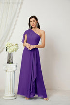 Abito da Sera Formale A-line con Spalla Singola e Balze in Chiffon, Spacco Laterale, per Damigelle, Modello 2809