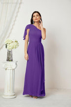 Abito da Sera Formale A-line con Spalla Singola e Balze in Chiffon, Spacco Laterale, per Damigelle, Modello 2809